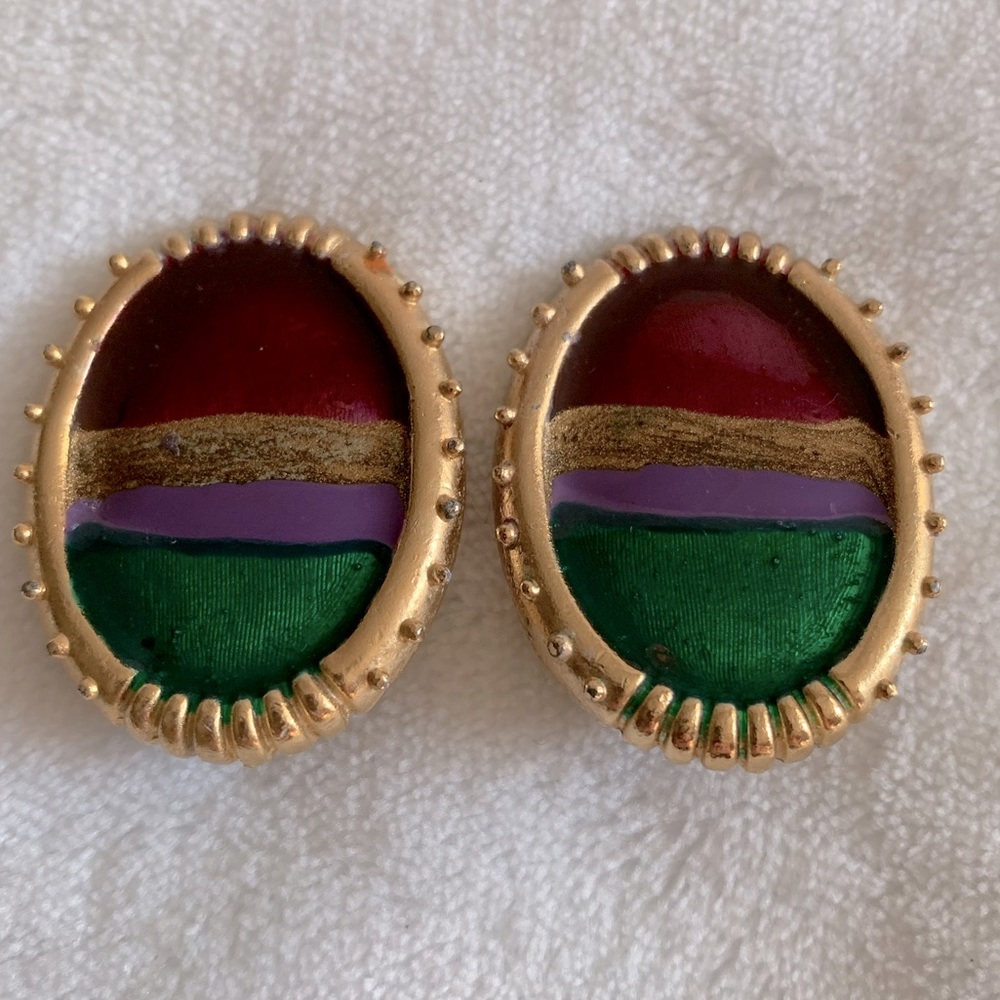 Vintage MOGHUL 80’S Poured Foil Glass GoldTone Clip Earrings